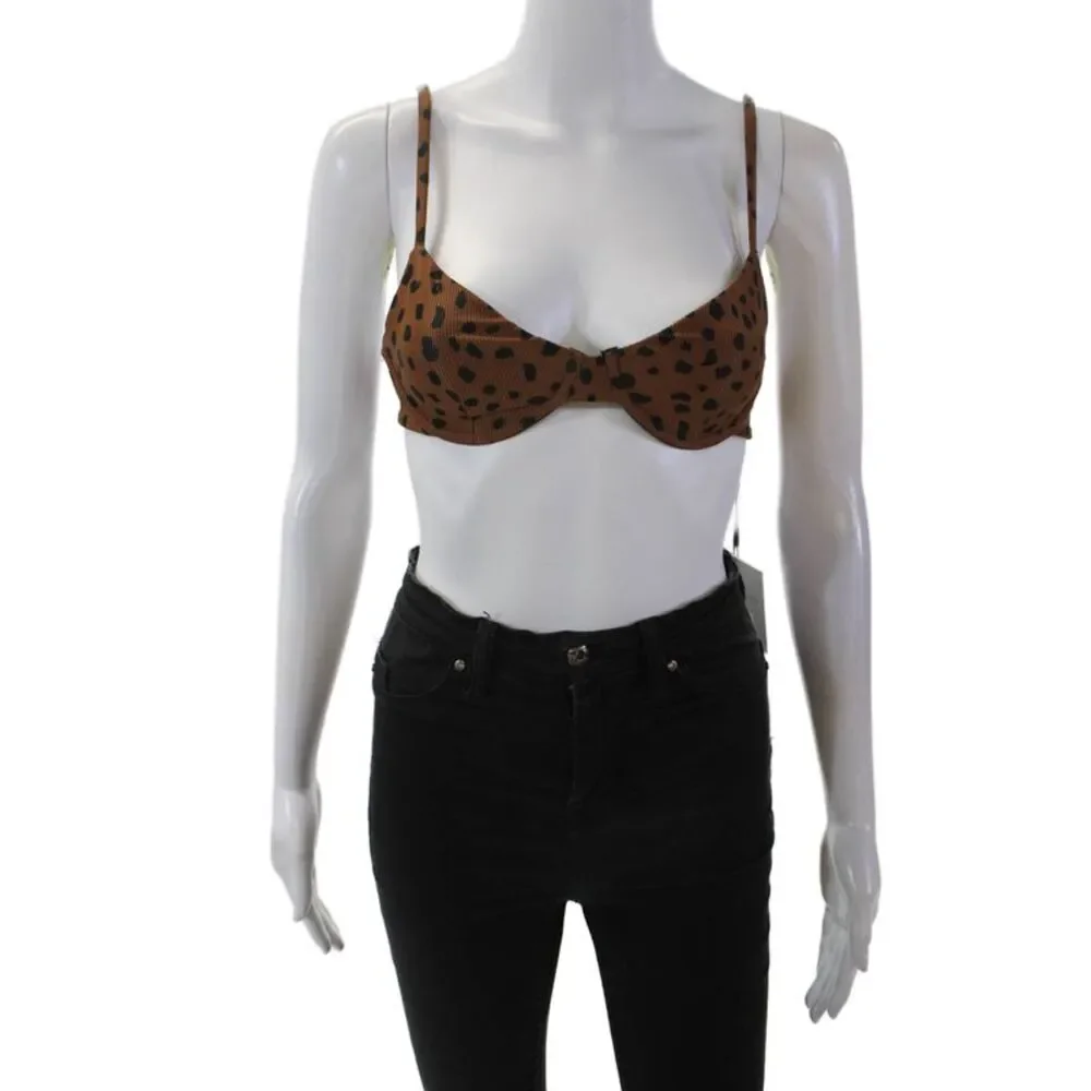 Beach Riot Womens Underwired Ribbed Knit Leopard Spotted Bikini Top Brown XS